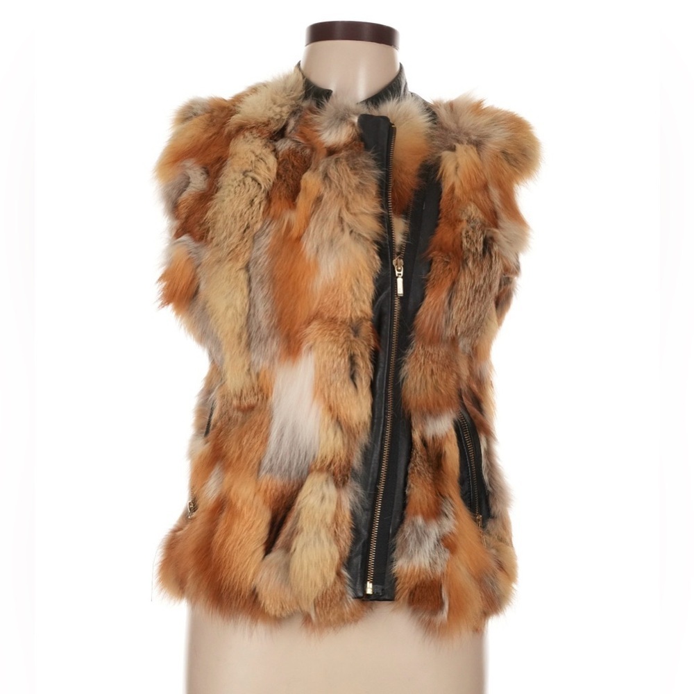 ANDRE'S GHUSTO Genuine Fox Fur Vest Leather Contrast Statement Piece OFAK Large